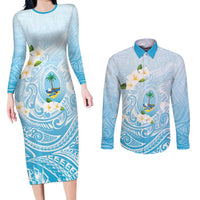 Guam Fishhook Mix Guasali Flowers Couples Matching Long Sleeve Bodycon Dress and Long Sleeve Button Shirt Dreaming Turquoise LT7 Turquoise - Polynesian Pride