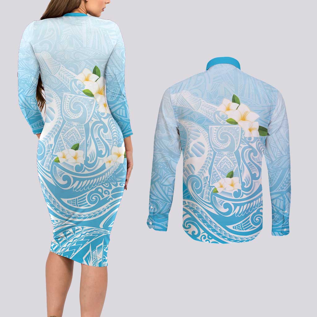 Guam Fishhook Mix Guasali Flowers Couples Matching Long Sleeve Bodycon Dress and Long Sleeve Button Shirt Dreaming Turquoise LT7 - Polynesian Pride