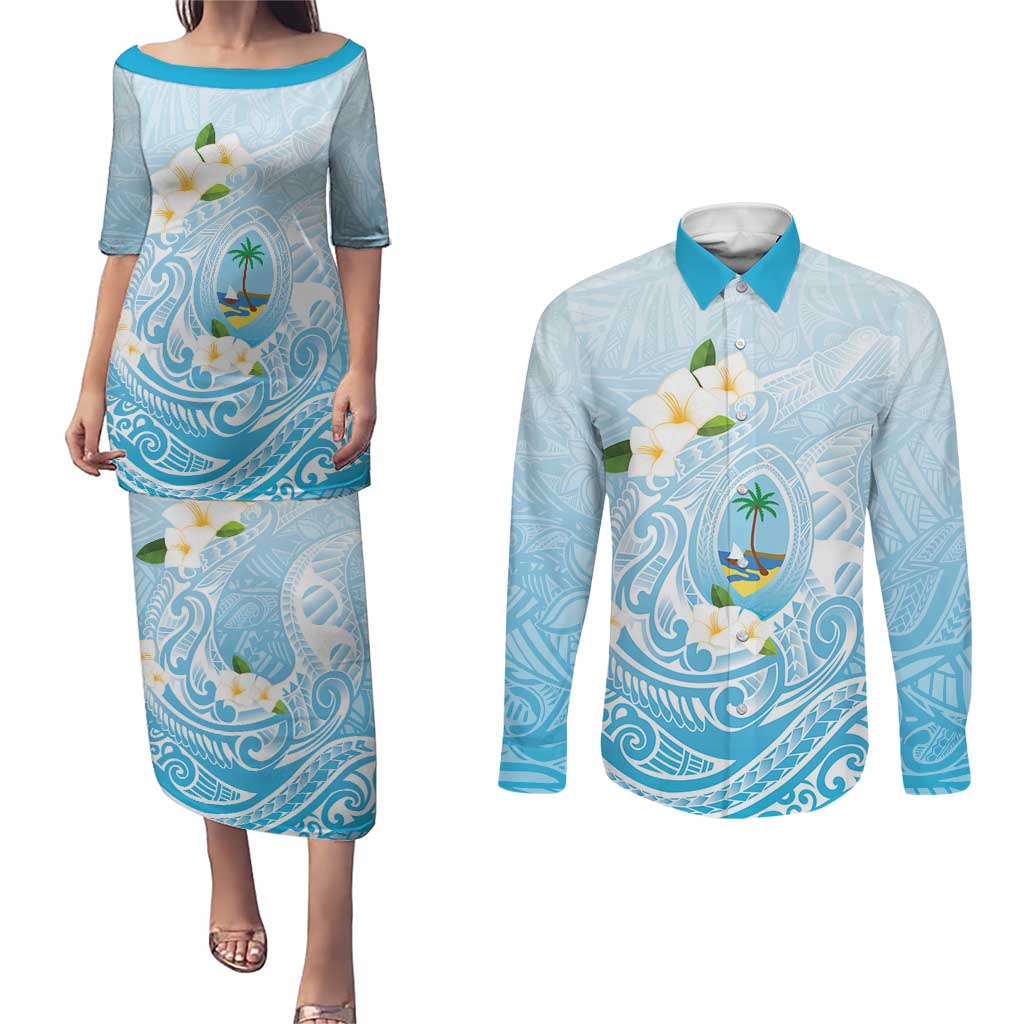 Guam Fishhook Mix Guasali Flowers Couples Matching Puletasi and Long Sleeve Button Shirt Dreaming Turquoise