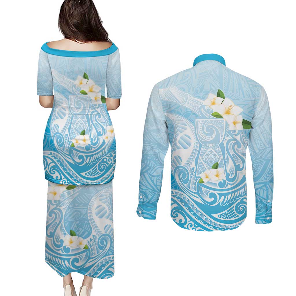 Guam Fishhook Mix Guasali Flowers Couples Matching Puletasi and Long Sleeve Button Shirt Dreaming Turquoise