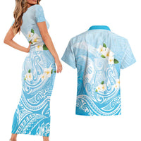 Guam Fishhook Mix Guasali Flowers Couples Matching Short Sleeve Bodycon Dress and Hawaiian Shirt Dreaming Turquoise