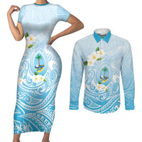 Guam Fishhook Mix Guasali Flowers Couples Matching Short Sleeve Bodycon Dress and Long Sleeve Button Shirt Dreaming Turquoise LT7 Turquoise - Polynesian Pride