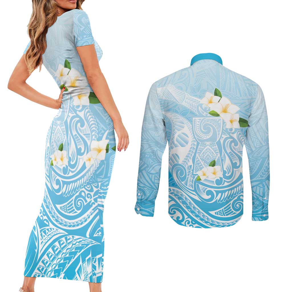 Guam Fishhook Mix Guasali Flowers Couples Matching Short Sleeve Bodycon Dress and Long Sleeve Button Shirt Dreaming Turquoise LT7 - Polynesian Pride