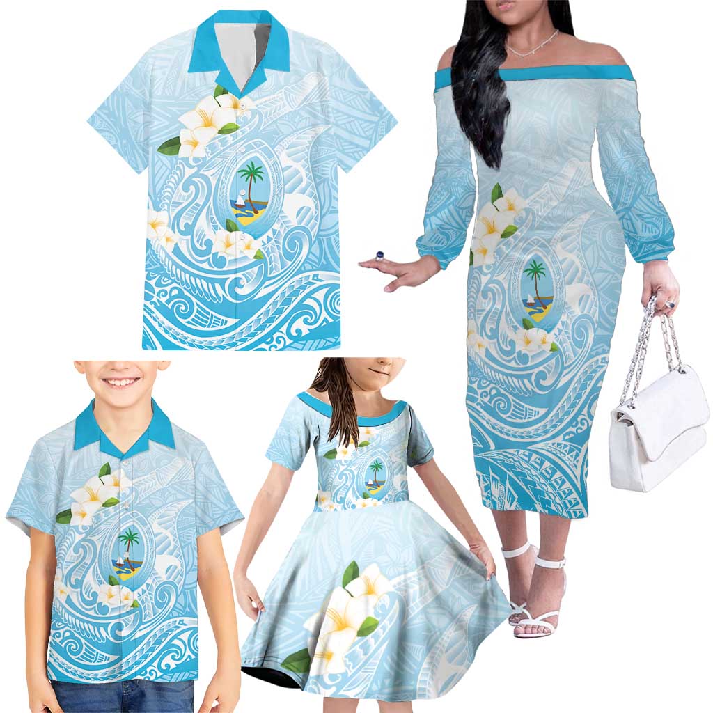 Guam Fishhook Mix Guasali Flowers Family Matching Off The Shoulder Long Sleeve Dress and Hawaiian Shirt Dreaming Turquoise LT7 - Polynesian Pride