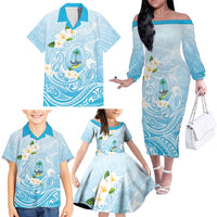 Guam Fishhook Mix Guasali Flowers Family Matching Off The Shoulder Long Sleeve Dress and Hawaiian Shirt Dreaming Turquoise LT7 - Polynesian Pride