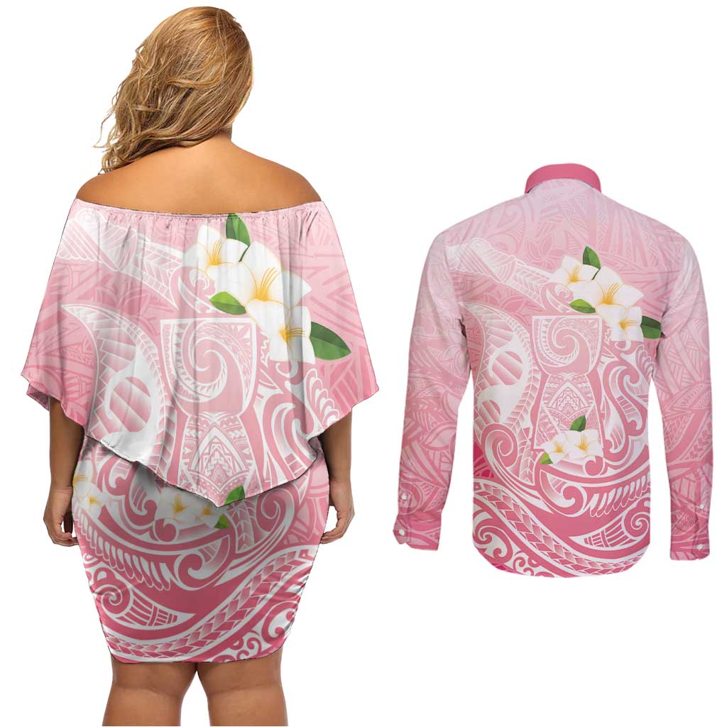 Guam Fishhook Mix Guasali Flowers Couples Matching Off Shoulder Short Dress and Long Sleeve Button Shirt Dreaming Coral