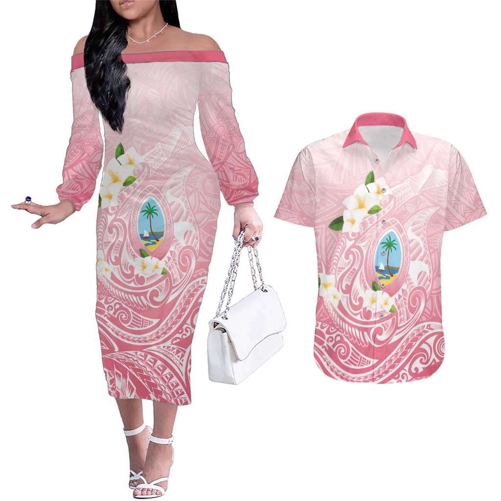 Guam Fishhook Mix Guasali Flowers Couples Matching Off The Shoulder Long Sleeve Dress and Hawaiian Shirt Dreaming Coral