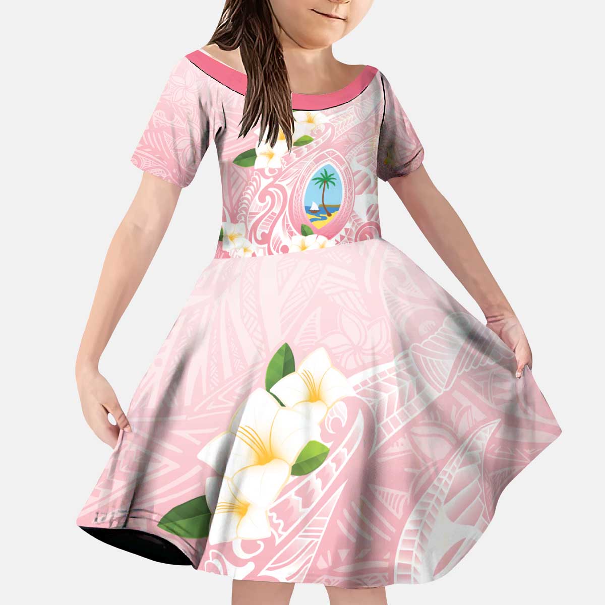 Guam Fishhook Mix Guasali Flowers Kid Short Sleeve Dress Dreaming Coral