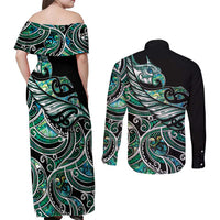 Maori Matariki - Manaia Couples Matching Off Shoulder Maxi Dress and Long Sleeve Button Shirt Emerald Paua Shell