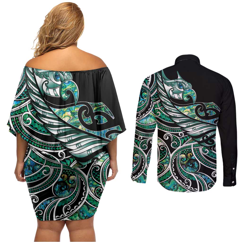 Maori Matariki - Manaia Couples Matching Off Shoulder Short Dress and Long Sleeve Button Shirt Emerald Paua Shell