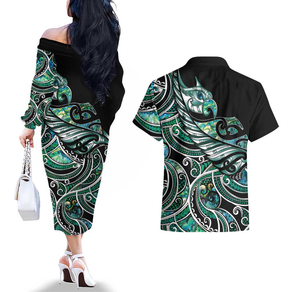 Maori Matariki - Manaia Couples Matching Off The Shoulder Long Sleeve Dress and Hawaiian Shirt Emerald Paua Shell