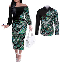 Maori Matariki - Manaia Couples Matching Off The Shoulder Long Sleeve Dress and Long Sleeve Button Shirt Emerald Paua Shell