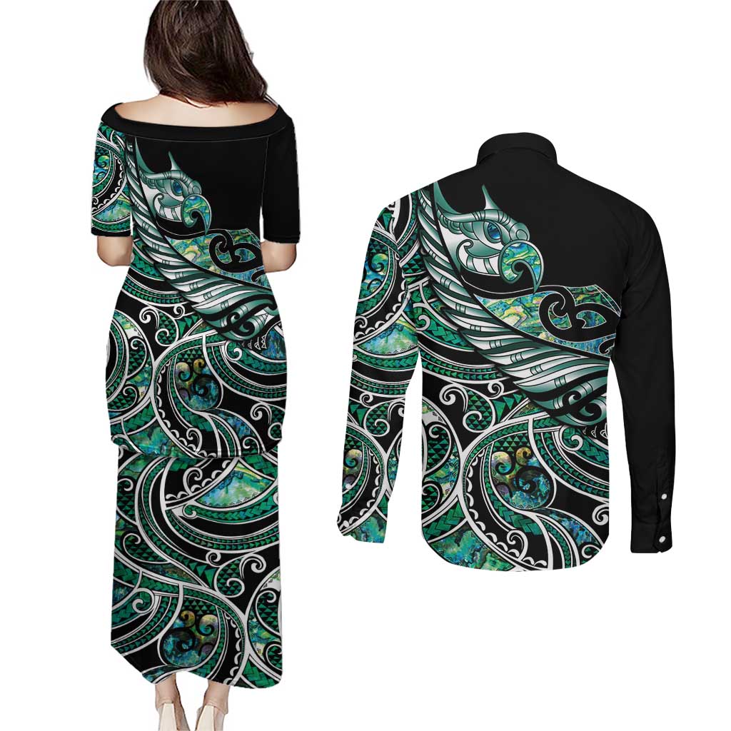 Maori Matariki - Manaia Couples Matching Puletasi and Long Sleeve Button Shirt Emerald Paua Shell