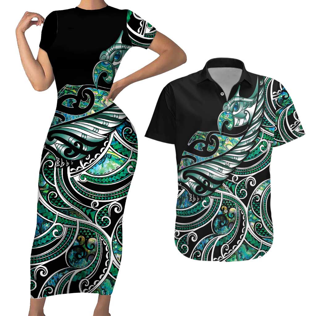 Maori Matariki - Manaia Couples Matching Short Sleeve Bodycon Dress and Hawaiian Shirt Emerald Paua Shell