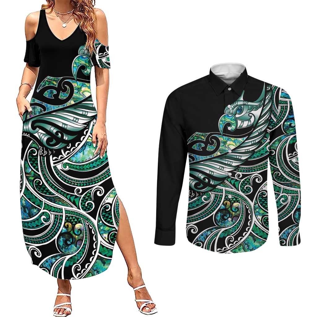 Maori Matariki - Manaia Couples Matching Summer Maxi Dress and Long Sleeve Button Shirt Emerald Paua Shell