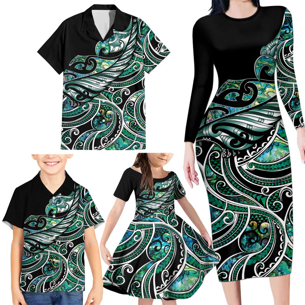 Maori Matariki - Manaia Family Matching Long Sleeve Bodycon Dress and Hawaiian Shirt Emerald Paua Shell LT7 - Polynesian Pride