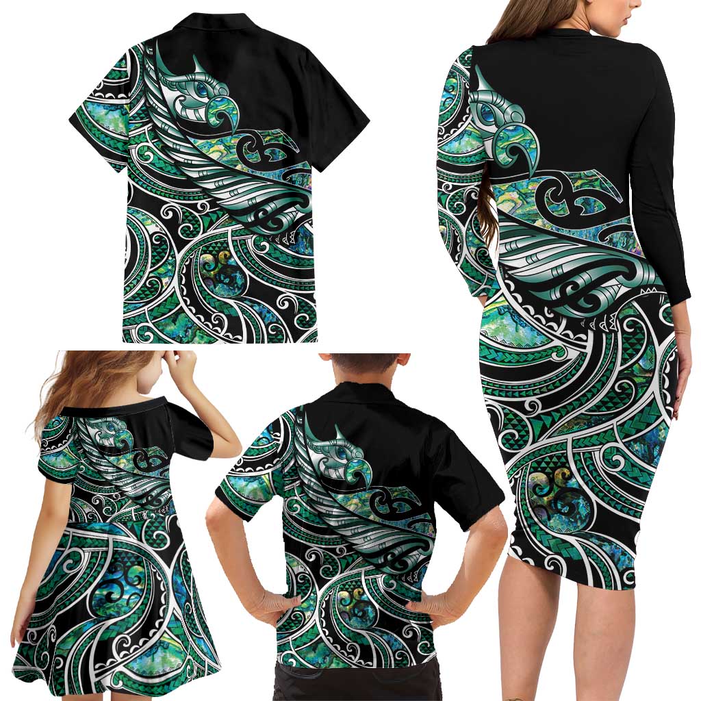 Maori Matariki - Manaia Family Matching Long Sleeve Bodycon Dress and Hawaiian Shirt Emerald Paua Shell LT7 - Polynesian Pride