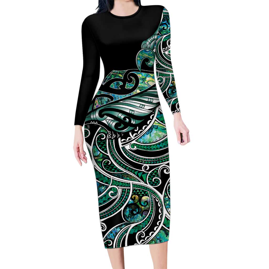 Maori Matariki - Manaia Family Matching Long Sleeve Bodycon Dress and Hawaiian Shirt Emerald Paua Shell LT7 Mom's Dress Green - Polynesian Pride