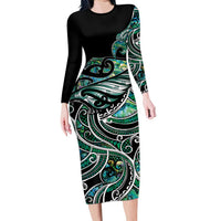 Maori Matariki - Manaia Family Matching Long Sleeve Bodycon Dress and Hawaiian Shirt Emerald Paua Shell LT7 Mom's Dress Green - Polynesian Pride