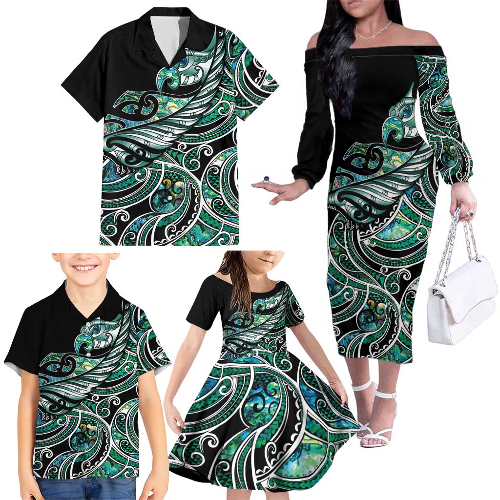 Maori Matariki - Manaia Family Matching Off The Shoulder Long Sleeve Dress and Hawaiian Shirt Emerald Paua Shell
