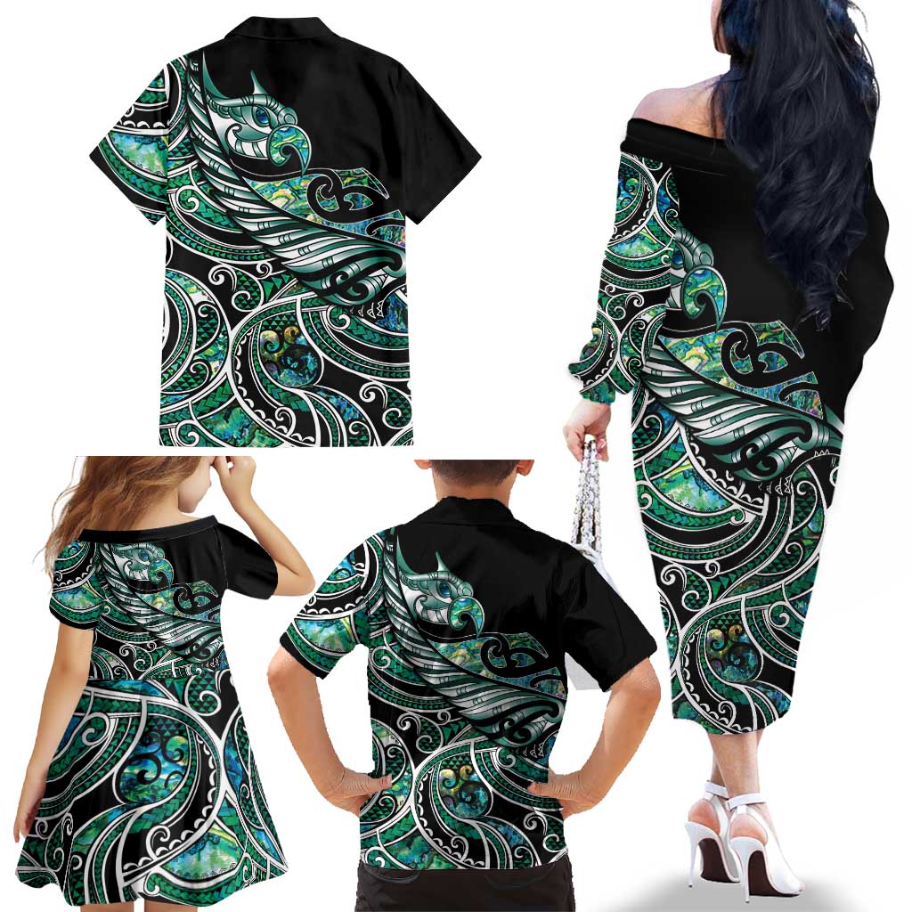 Maori Matariki - Manaia Family Matching Off The Shoulder Long Sleeve Dress and Hawaiian Shirt Emerald Paua Shell LT7 - Polynesian Pride