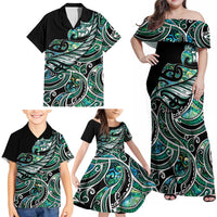 Maori Matariki - Manaia Family Matching Off Shoulder Maxi Dress and Hawaiian Shirt Emerald Paua Shell