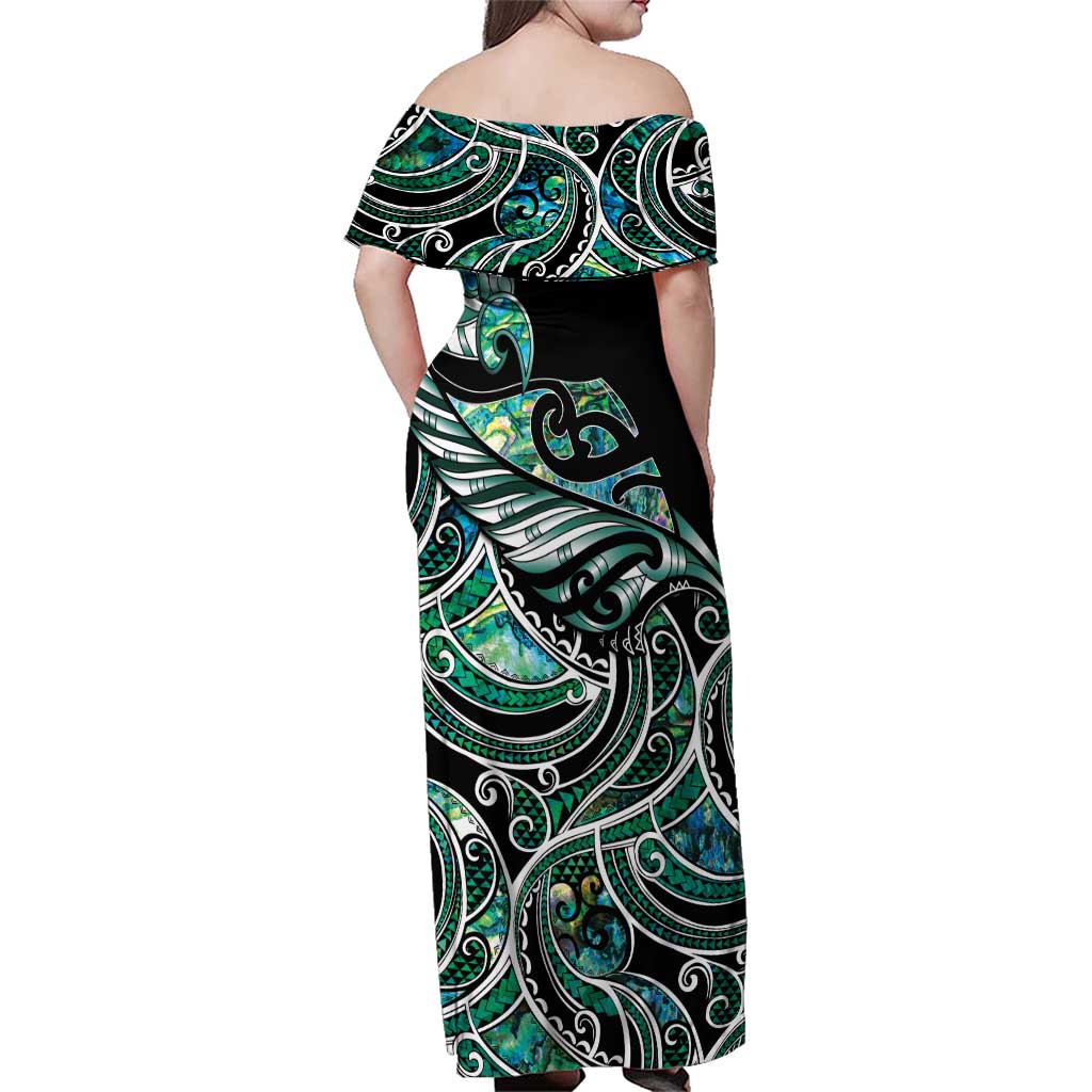 Maori Matariki - Manaia Family Matching Off Shoulder Maxi Dress and Hawaiian Shirt Emerald Paua Shell