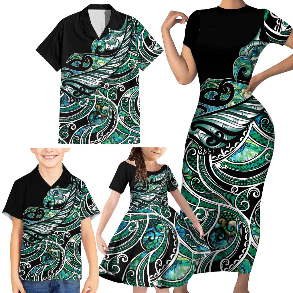 Maori Matariki - Manaia Family Matching Short Sleeve Bodycon Dress and Hawaiian Shirt Emerald Paua Shell