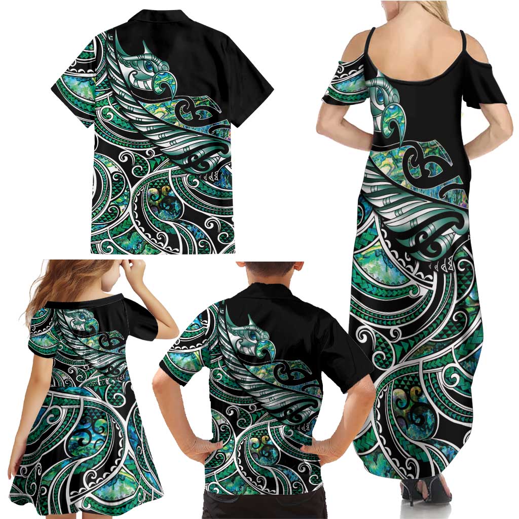 Maori Matariki - Manaia Family Matching Summer Maxi Dress and Hawaiian Shirt Emerald Paua Shell