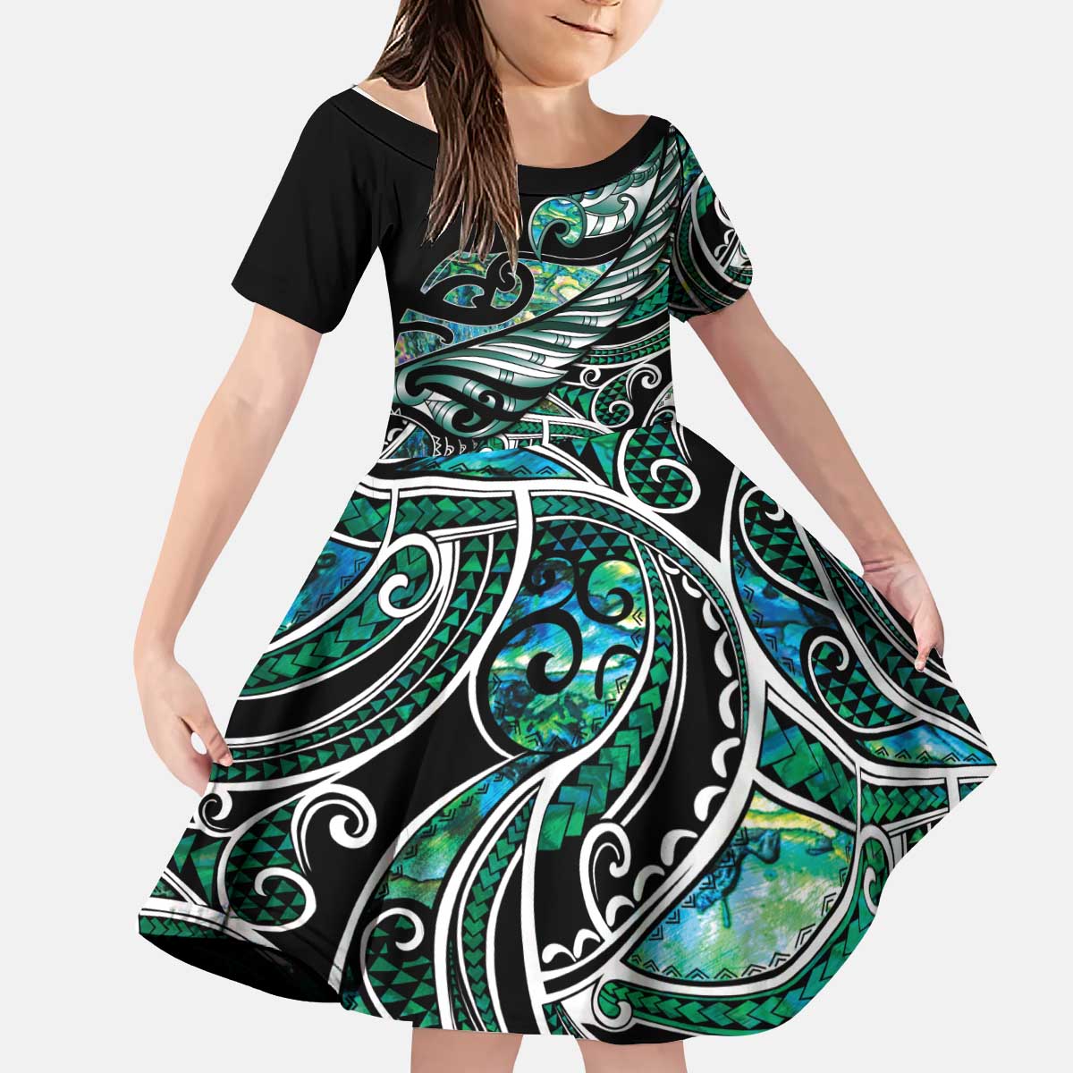 Maori Matariki - Manaia Kid Short Sleeve Dress Emerald Paua Shell