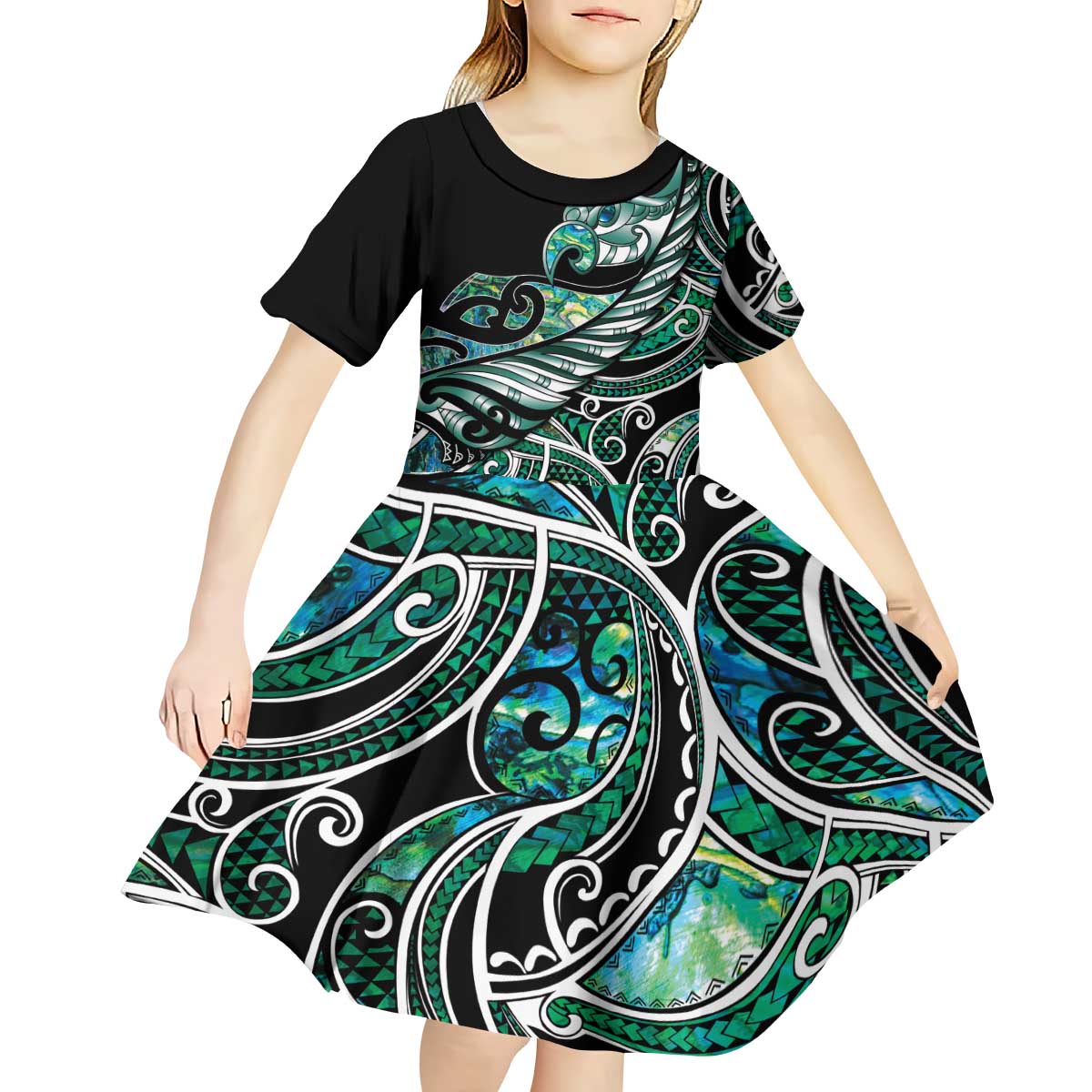 Maori Matariki - Manaia Kid Short Sleeve Dress Emerald Paua Shell