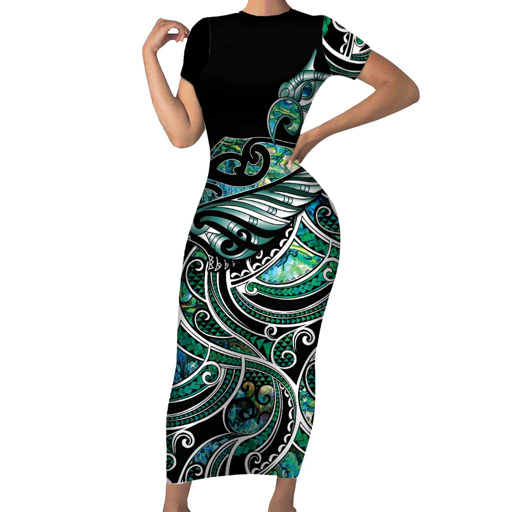 Maori Matariki - Manaia Short Sleeve Bodycon Dress Emerald Paua Shell