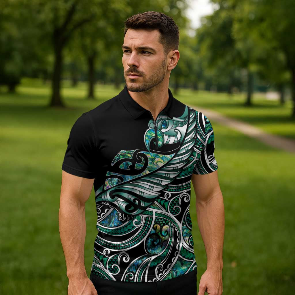 Maori Matariki - Manaia Zipper Polo Shirt Emerald Paua Shell