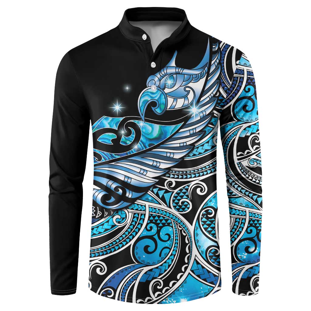 Maori Matariki - Manaia Button Sweatshirt Galaxy Blue Paua Shell