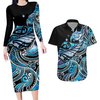 Maori Matariki - Manaia Couples Matching Long Sleeve Bodycon Dress and Hawaiian Shirt Galaxy Blue Paua Shell
