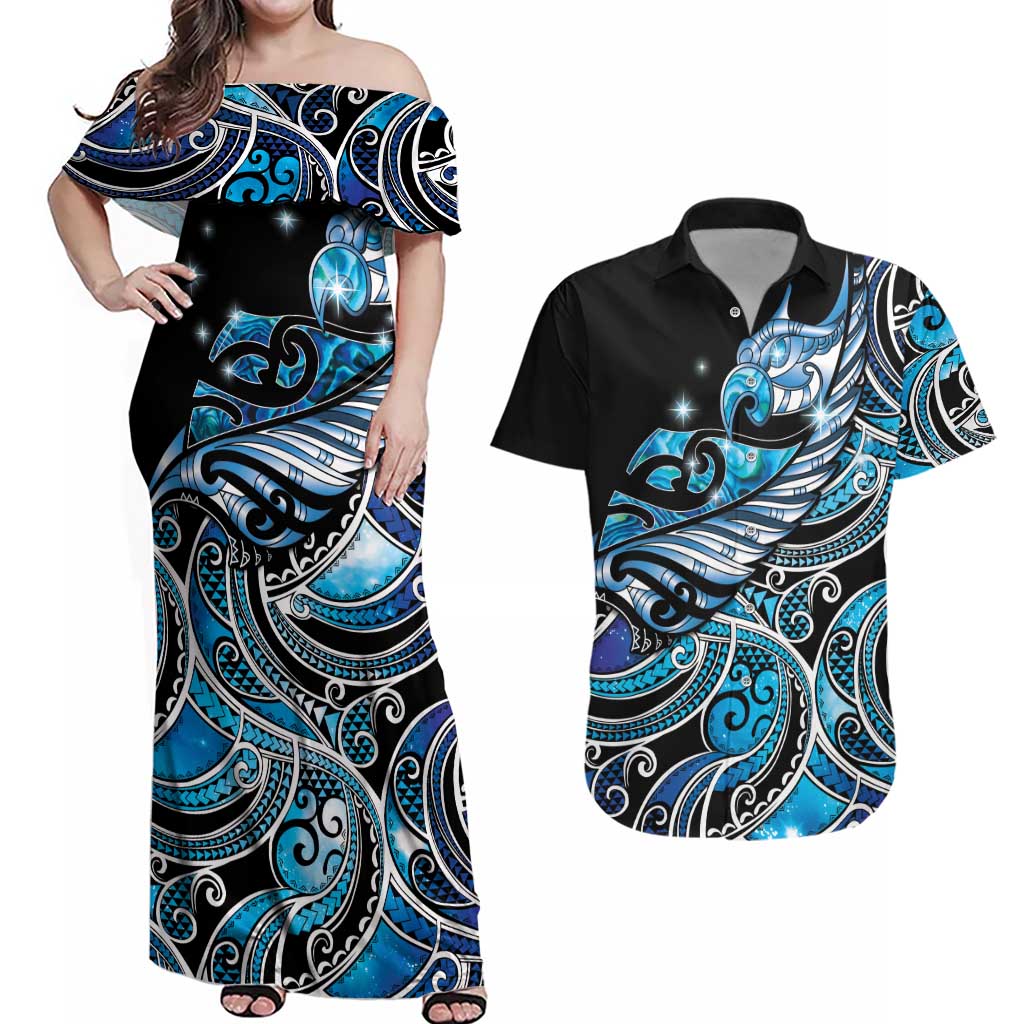 Maori Matariki - Manaia Couples Matching Off Shoulder Maxi Dress and Hawaiian Shirt Galaxy Blue Paua Shell