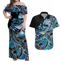 Maori Matariki - Manaia Couples Matching Off Shoulder Maxi Dress and Hawaiian Shirt Galaxy Blue Paua Shell