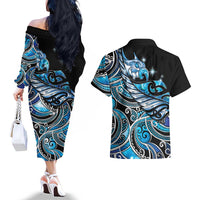 Maori Matariki - Manaia Couples Matching Off The Shoulder Long Sleeve Dress and Hawaiian Shirt Galaxy Blue Paua Shell