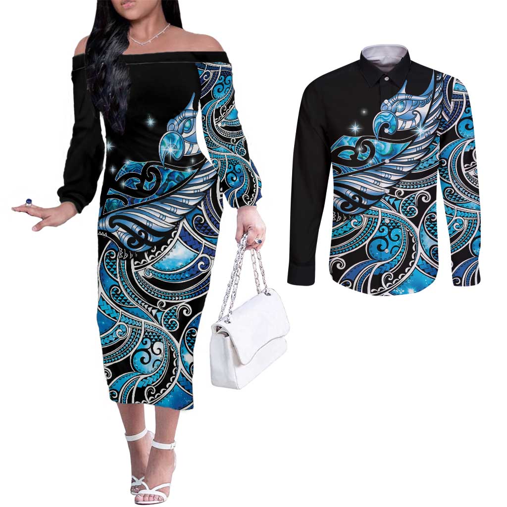 Maori Matariki - Manaia Couples Matching Off The Shoulder Long Sleeve Dress and Long Sleeve Button Shirt Galaxy Blue Paua Shell
