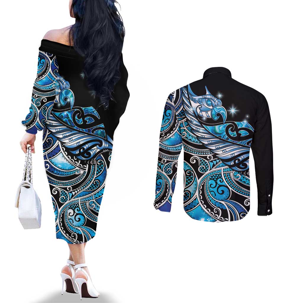 Maori Matariki - Manaia Couples Matching Off The Shoulder Long Sleeve Dress and Long Sleeve Button Shirt Galaxy Blue Paua Shell