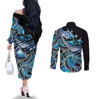 Maori Matariki - Manaia Couples Matching Off The Shoulder Long Sleeve Dress and Long Sleeve Button Shirt Galaxy Blue Paua Shell