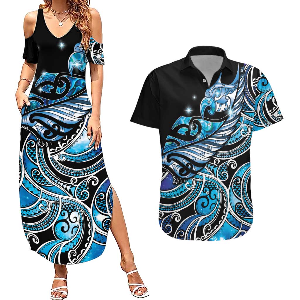 Maori Matariki - Manaia Couples Matching Summer Maxi Dress and Hawaiian Shirt Galaxy Blue Paua Shell