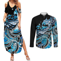 Maori Matariki - Manaia Couples Matching Summer Maxi Dress and Long Sleeve Button Shirt Galaxy Blue Paua Shell