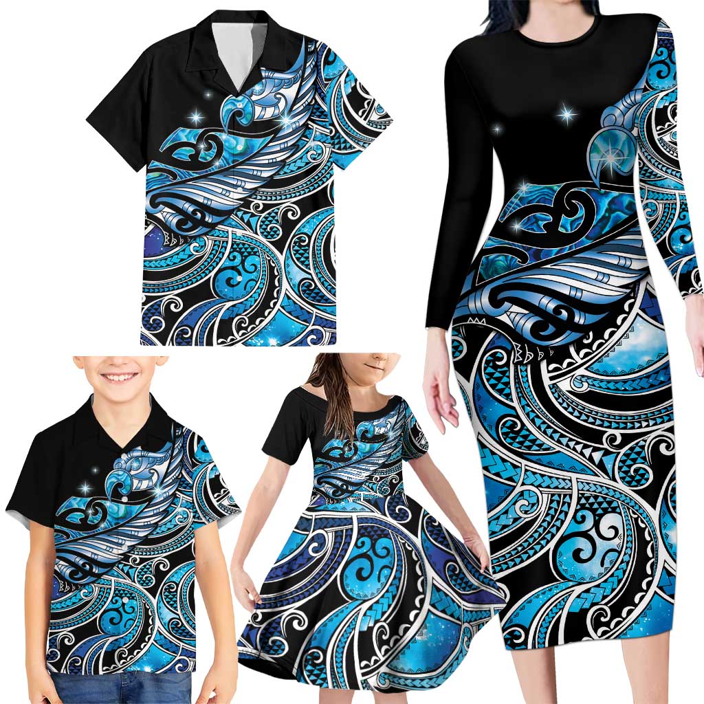 Maori Matariki - Manaia Family Matching Long Sleeve Bodycon Dress and Hawaiian Shirt Galaxy Blue Paua Shell LT7 - Polynesian Pride