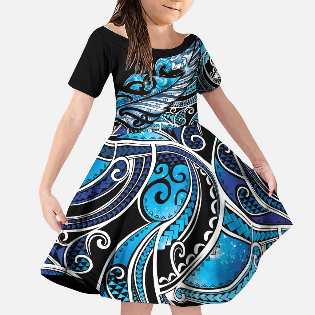 Maori Matariki - Manaia Family Matching Off The Shoulder Long Sleeve Dress and Hawaiian Shirt Galaxy Blue Paua Shell LT7 Daughter's Dress Blue - Polynesian Pride