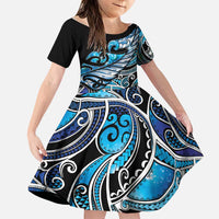 Maori Matariki - Manaia Family Matching Short Sleeve Bodycon Dress and Hawaiian Shirt Galaxy Blue Paua Shell LT7 Daughter's Dress Blue - Polynesian Pride