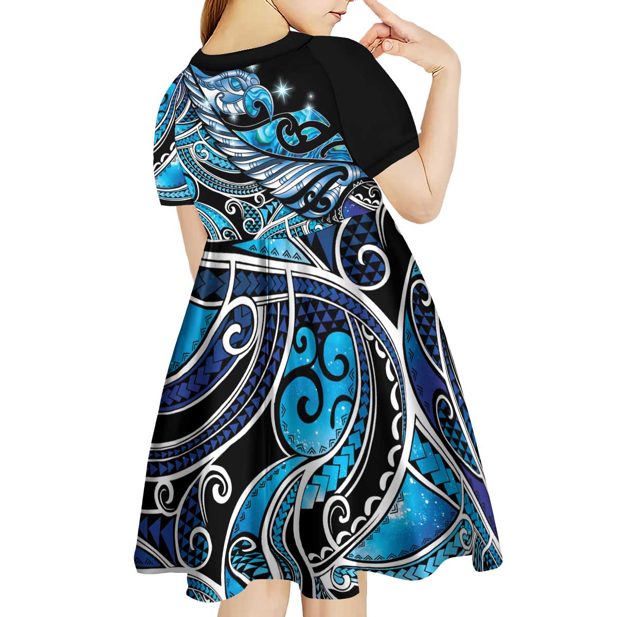 Maori Matariki - Manaia Kid Short Sleeve Dress Galaxy Blue Paua Shell