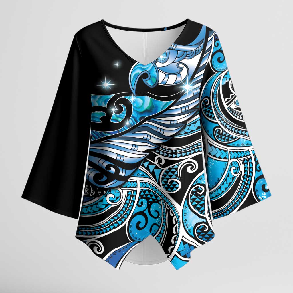 Maori Matariki - Manaia Kimono Sleeve Blouse Galaxy Blue Paua Shell