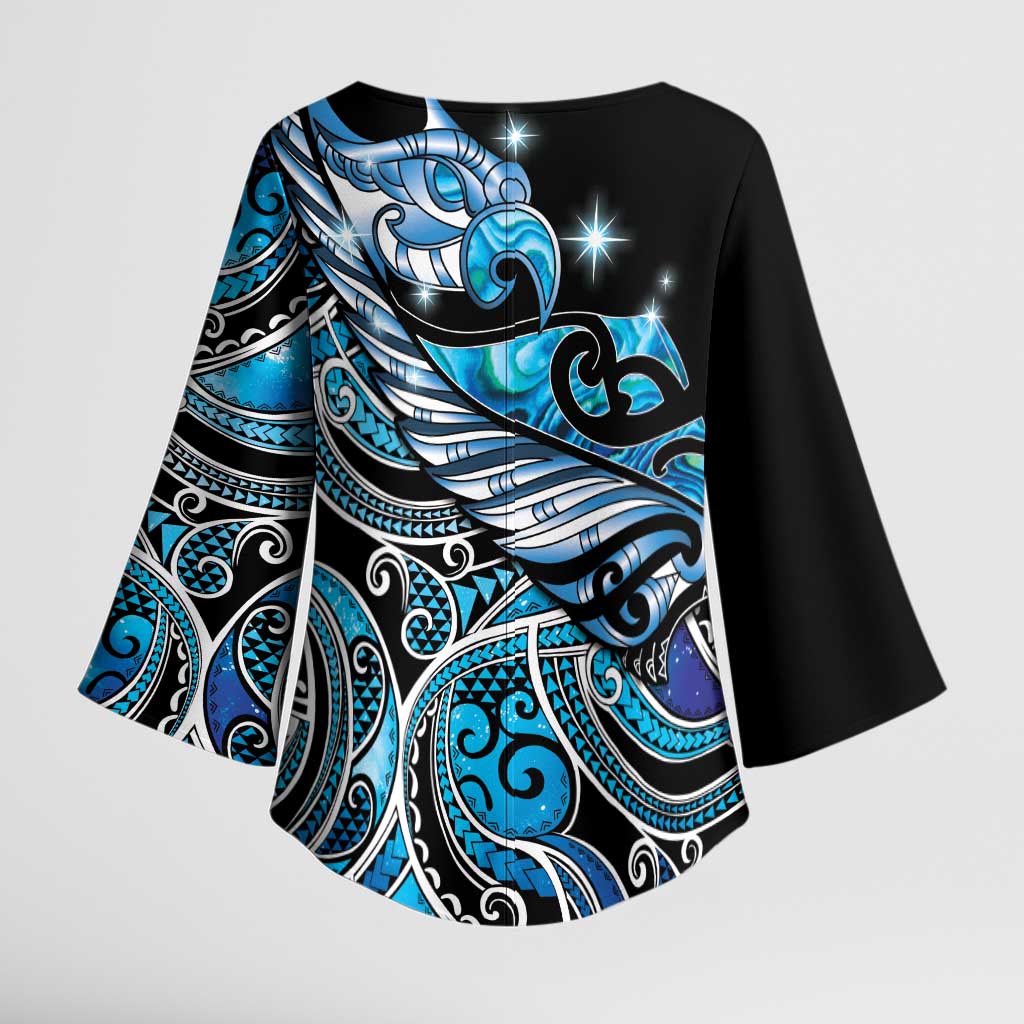 Maori Matariki - Manaia Kimono Sleeve Blouse Galaxy Blue Paua Shell