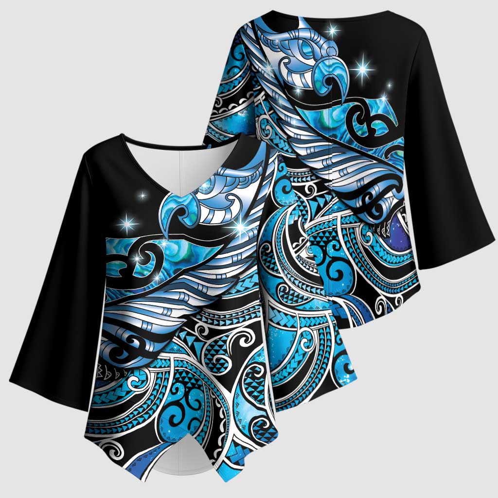 Maori Matariki - Manaia Kimono Sleeve Blouse Galaxy Blue Paua Shell